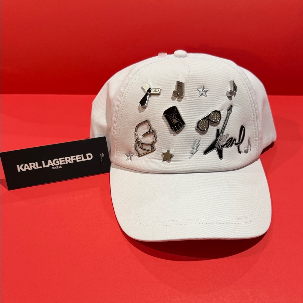 Karl Lagerfeld White Cap with Iconic Pins